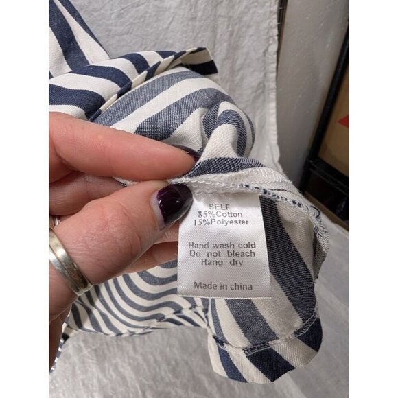 Clad & Cloth Bib Dress Size Small Navy Blue and Cream Striped pockets K8 - Picture 4 of 9